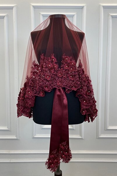 ZEYMERADE طقم حجاب زفاف أحمر كلاريت، حجاب حناء، موديل VIP