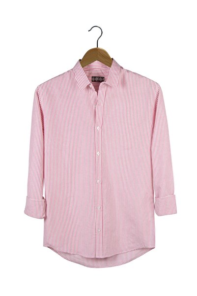 VEAVEN Men's Red Thick Sheer Striped Long Sleeve Slim Fit Shirt