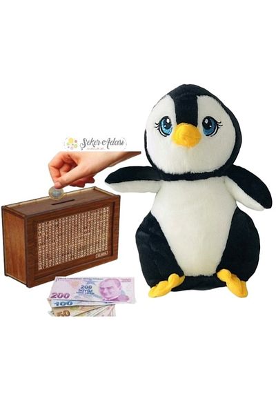 Şeker Adası Cute Penguin 28 cm Plush Toy and Wooden Target Piggy Bank Money Saving Box