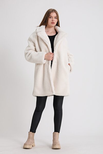 Leather Club Beyaz Oversize Yün Kaban