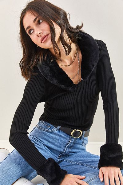 Bianco Lucci Damen-Strickpullover mit Fellärmeln und Kragen