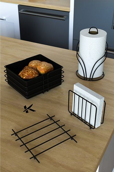 KARTEYA Luxury 4-Piece Serving Set and Bread Basket Towel Holder Napkin Holder Trivet Bread Dish Black Stainless