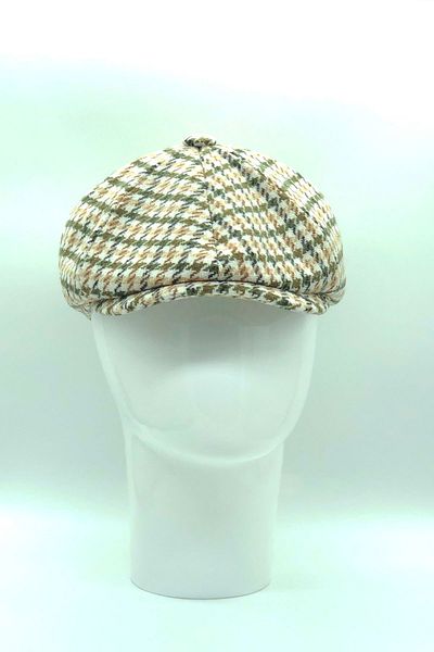 Hoppe Winter Wool Cream-beige Houndstooth Patterned 8-Piece British Style Peaky Blinders Cap Hat