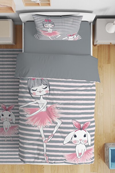 EVPANYA طقم سرير أطفال فردي بنمط راقصة الباليه والأرنب باللون الرمادي