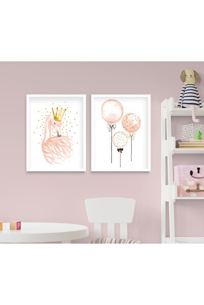 Ya&mu Tablosetleri 2 Adet 33 X 45cm Büyük Boy Ahşap Beyaz Çerçeveli Bebek, Çocuk Odası Tablo Seti