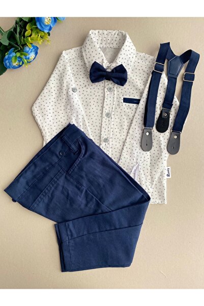 ÖZÖZ BEBE Erkek Çocuk Oxford Beyaz Gömlekli Papyonlu Lacivert Pantolonlu Takım