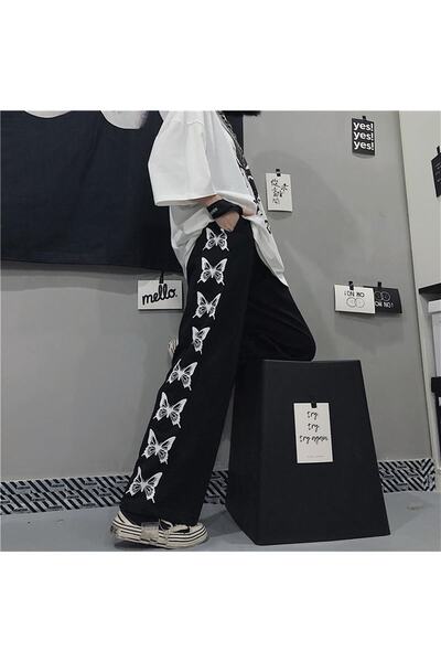 Touz بنطال رياضي Eyl Boutique أسود Harajuku Retro للجنسين على شكل فراشة واسع الساق