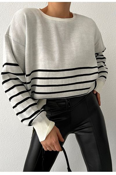 bayansepeti Striped Design Long Sleeve Knitwear White Women's Sweater 0242