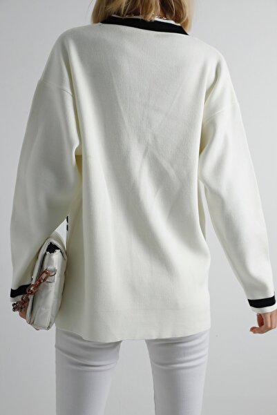 winter club Μπεζ χρυσή κορδέλα Λεπτομερής Oversize Πλεκτή Ζακέτα