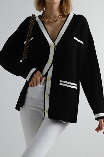 winter club Cardigan de tricotaj supradimensionat cu panglică cu nasturi aurii negru