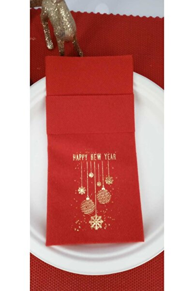 AS7 Aırlaıd Cepli Kırmızı Happy New Year Baskılı 20'li