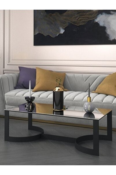 Evka Manolya Orta Sehpa Siyah Ayak Düz Ayna Tabla, Aynalı Orta Sehpa