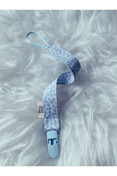 GOER STORE Soft Blue Heart Detailed 100% Cotton Fabric Baby Pacifier Strap