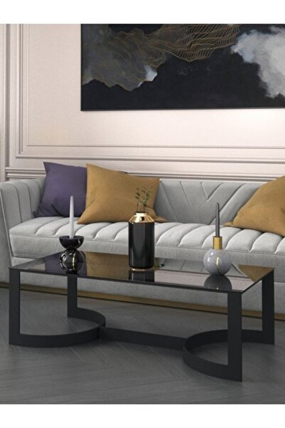 Evka Manolya Orta Sehpa Siyah Ayak Füme Cam Tabla, Camlı Orta Sehpa