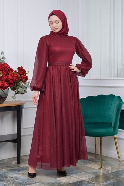 poplinmoda Simli Beli Kuşaklı Balon Kol Tesettür Abiye-rüya