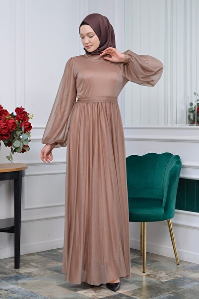 poplinmoda Simli Beli Kuşaklı Balon Kol Tesettür Abiye