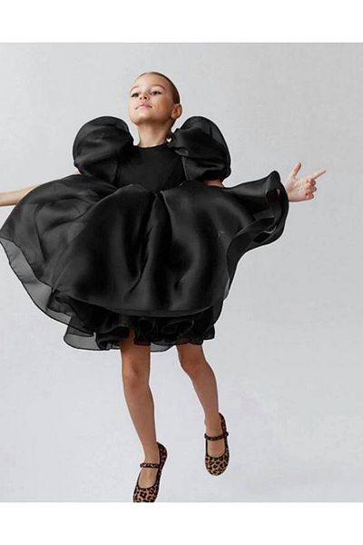 miço kids Balloon Sleeve - Black Crystal Tulle Organza Evening Dress - Girl's Dress - Children's Evening Dress
