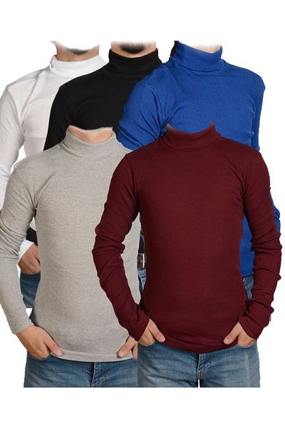 FATELLA Men's Set of 5 Fisherman Thin Knitwear Slim Fit Turtleneck Body Sweater
