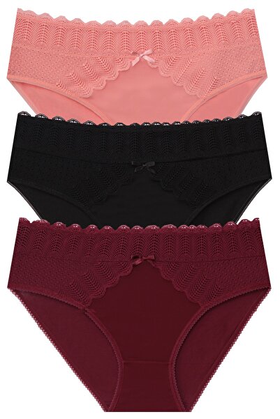 papatya lingerie 3''lü Dantel Ve Tül Detaylı Büyük Beden Külot