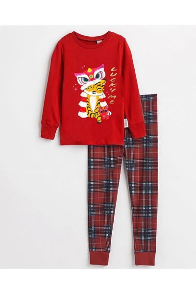 Pink Hippo Kids Unisex Tiger Printed Plaid Patterned Children's Pajama Set
