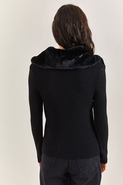 Bianco Lucci Women's Fur Collar Zippered Knitwear Sweater