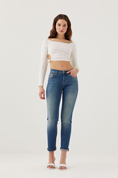 Pantamo Jeans Pantamo Orta Ton Eskitilmiş Yeşilimsi Mavi Cıgarette Women's Jeans