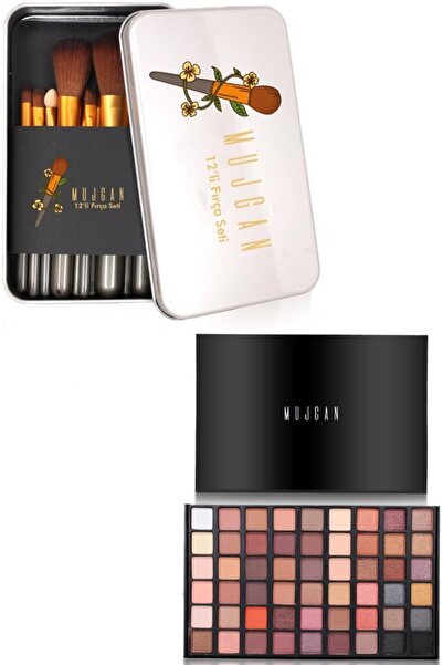 MUJGAN 2'li Makyaj Takımı 54'lü Sedefli - Mat Far Paleti + 12'li Makyaj Fırça Seti - Şık Metal Kutusunda