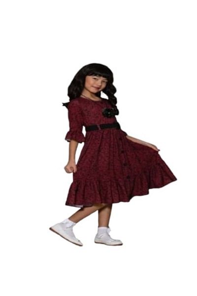 GÜLÜCÜK Girl's Floral Chiffon Dress 854 - Claret Red - Age 7