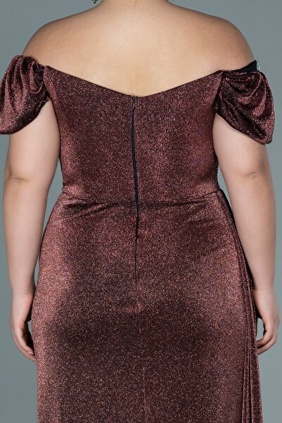 Abiyefon Bakır Kayık Yaka Uzun Simli Büyük Beden Abiye Abu2658