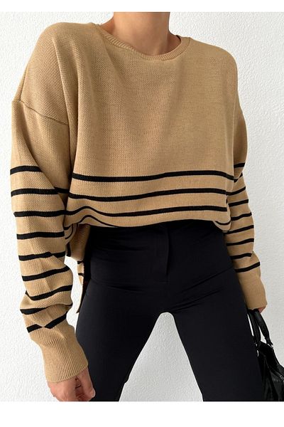 lovebox Women's Line Detail Crew Neck Long Sleeve Cream Knitwear Women's Sweater 0242