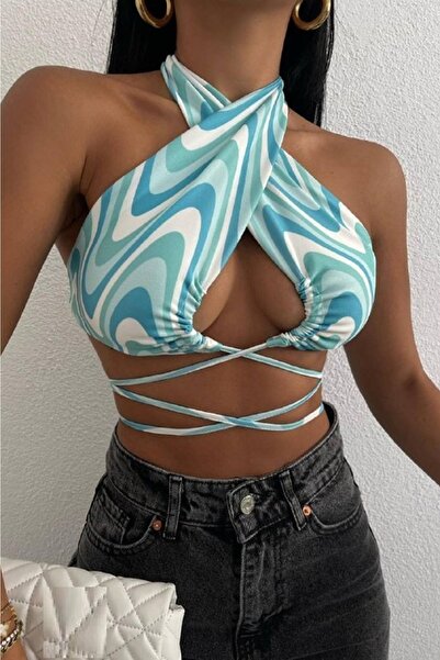 bayansepeti Γυναικεία πράσινη μπλούζα με λεπτομέρεια με κορδόνια 12515