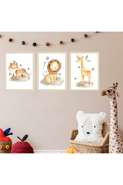 Ya&mu Tablosetleri 3 Adet 33 X 44cm Büyük Boy Ahşap Çerçeveli Bebek, Çocuk Odası Tablo Seti