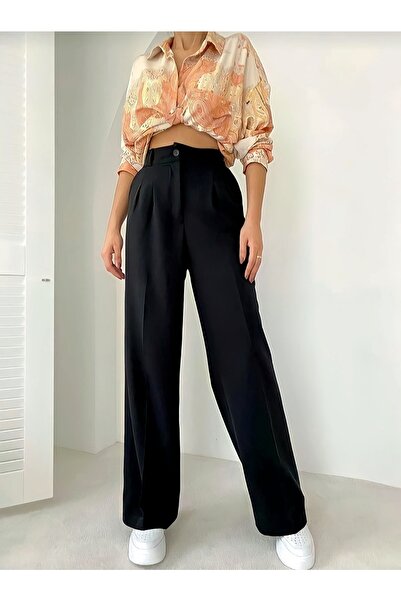 PANTOLON DÜNYASI Pantaloni negri Palazzo plisați cu talie înaltă de damă