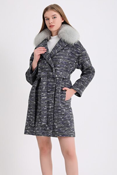 Leather Club Gri Kürk Aksesuarlı Kırçıllı Kaşmir Kaban