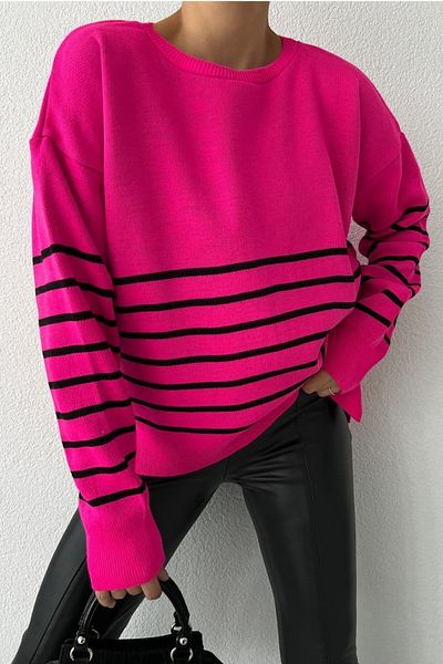 lovebox Women's Line Detail Crew Neck Long Sleeve Pink Knitwear Women's Sweater 0242