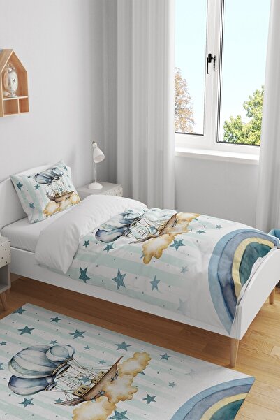 EVPANYA Balonlu Gemi Desenli Tek Kişilik Bebek Çocuk Nevresim Takımı