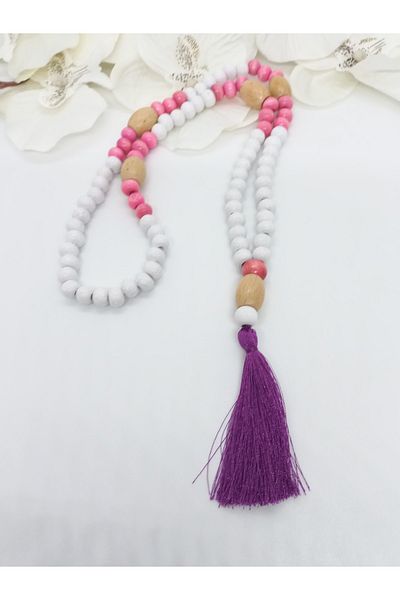 İPAR AKSESUAR Pink White Wood Purple Tassel Long Design Necklace