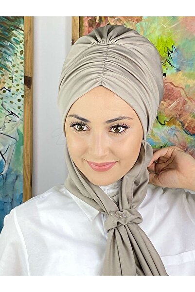 BUTİKAMBAR Büzgülü Taşlı Tokalı Atkılı Taş Rengi Bone