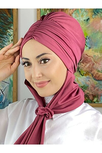 BUTİKAMBAR Büzgülü Taşlı Tokalı Atkılı Koyu Gül Kurusu Bone