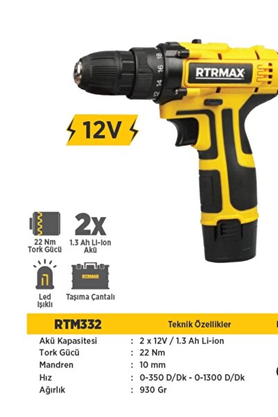 Rtrmax Rtm332 Sarjlı Matkap Lı-on 12v/1,5a Çıft Akülü