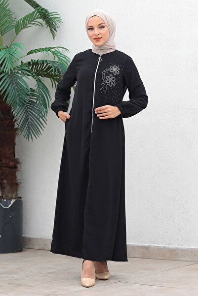 Modamihram Zippered Chiffon Evening Dress Abaya Black 17300
