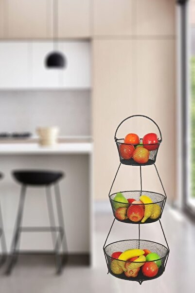 Genel Markalar Tasarım Dekoratif Metal Sebzelik,meyvelik,sabunluk 3 Katlı Siy...