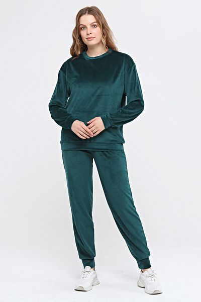 İkmal Thick Crew Neck Velvet Tracksuit Set Emerald
