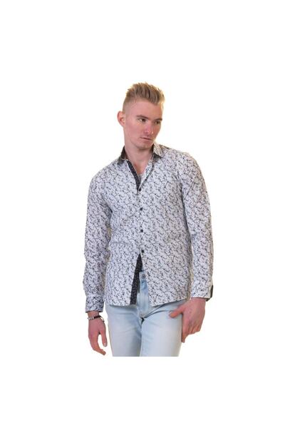 Exve Exclusive Cămașă pentru bărbați, alb, gri, cu modele florale, slim fit