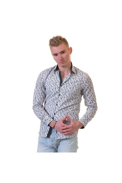 Exve Exclusive Cămașă pentru bărbați, alb, gri, cu modele florale, slim fit