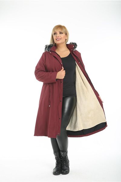 By Alba Collection Palton de damă lung din țesătură Bondite Curly Interior Plus Size Roșu Claret