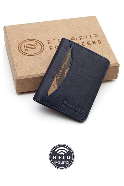 Flapp Genuine Leather Rfid Protected Navy Blue Unisex Wallet Card Holder
