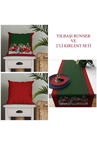 Tataroğlu Dijital Kumaş Yılbaşı Seti-kırmızı Yeşil Zeminli Karnaval Tasarım 1 Runner Ve 2 Kırlent Kılıfı Seti