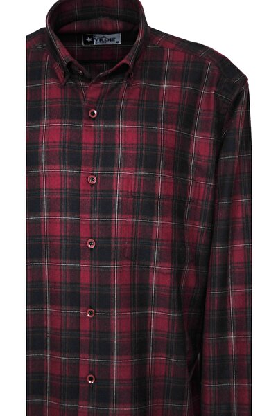 YILDIZ GÖMLEK Kırmızı Lacivert Ekose Desen Tek Cepli Düğmeli Yaka Klasik Kesim Kışlık Pamuklu Erkek Gömlek