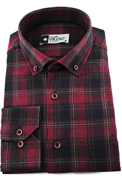 YILDIZ GÖMLEK Kırmızı Lacivert Ekose Desen Tek Cepli Düğmeli Yaka Klasik Kesim Kışlık Pamuklu Erkek Gömlek